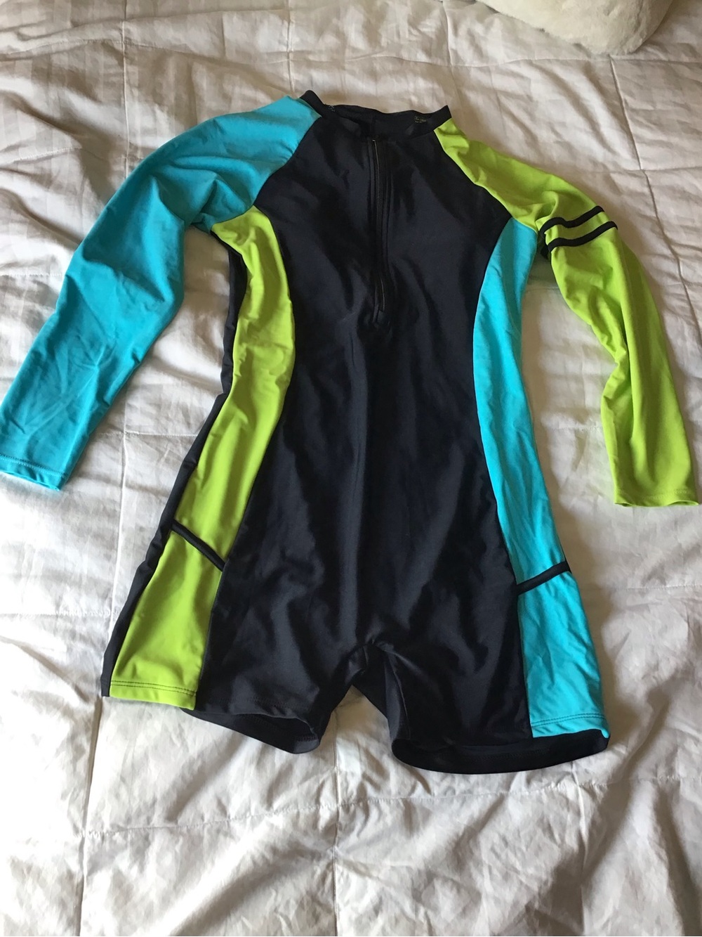 Kids Long Sleeve One-Piece Swim Suit in Black, Aqua & Lime